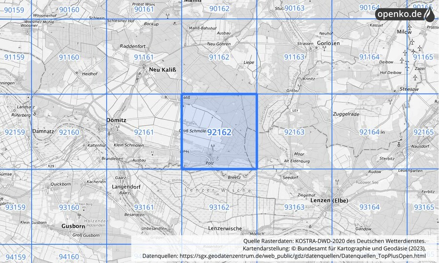 Übersichtskarte des KOSTRA-DWD-2020-Rasterfeldes Nr. 92162