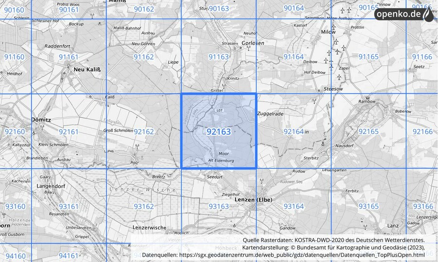 Übersichtskarte des KOSTRA-DWD-2020-Rasterfeldes Nr. 92163