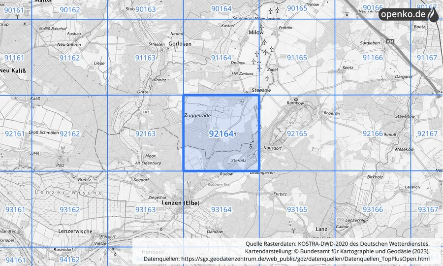 Übersichtskarte des KOSTRA-DWD-2020-Rasterfeldes Nr. 92164