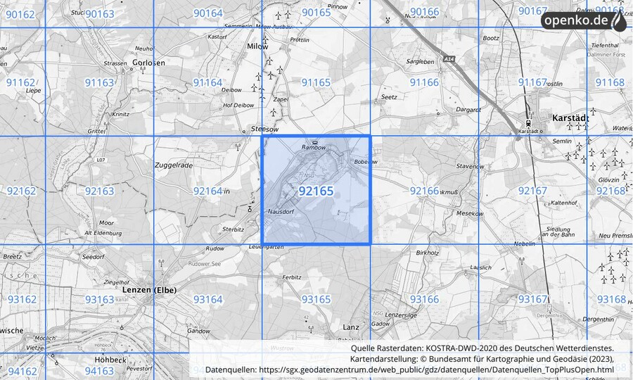 Übersichtskarte des KOSTRA-DWD-2020-Rasterfeldes Nr. 92165