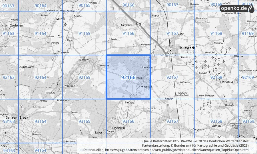 Übersichtskarte des KOSTRA-DWD-2020-Rasterfeldes Nr. 92166