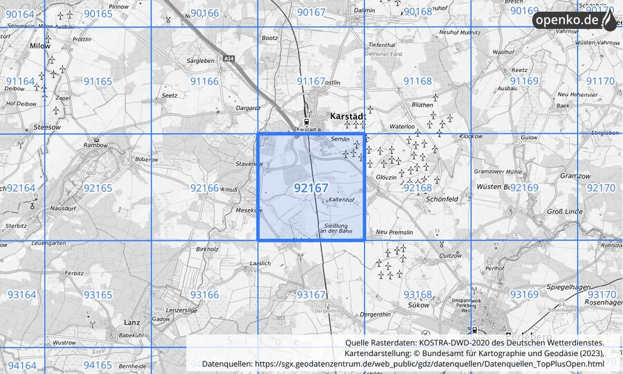 Übersichtskarte des KOSTRA-DWD-2020-Rasterfeldes Nr. 92167