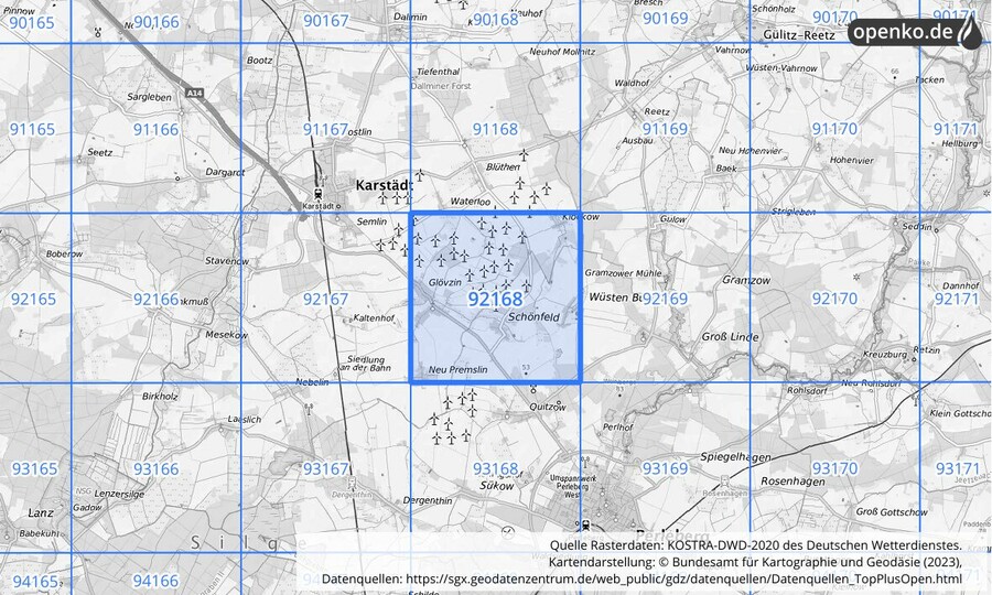 Übersichtskarte des KOSTRA-DWD-2020-Rasterfeldes Nr. 92168