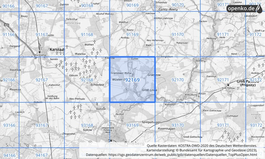 Übersichtskarte des KOSTRA-DWD-2020-Rasterfeldes Nr. 92169