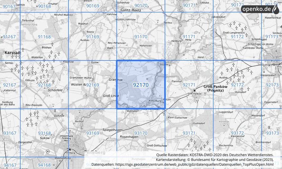 Übersichtskarte des KOSTRA-DWD-2020-Rasterfeldes Nr. 92170