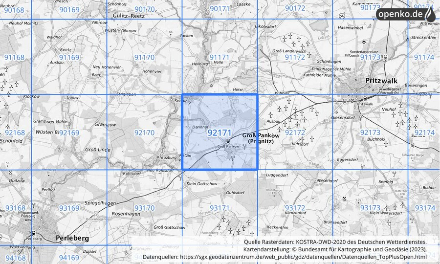 Übersichtskarte des KOSTRA-DWD-2020-Rasterfeldes Nr. 92171