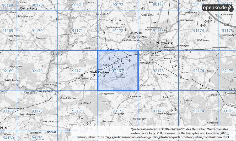 Übersichtskarte des KOSTRA-DWD-2020-Rasterfeldes Nr. 92172