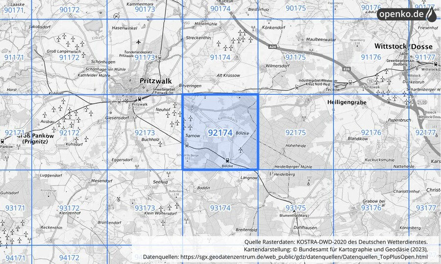 Übersichtskarte des KOSTRA-DWD-2020-Rasterfeldes Nr. 92174