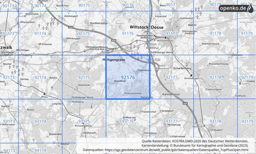 Übersichtskarte des KOSTRA-DWD-2020-Rasterfeldes Nr. 92176