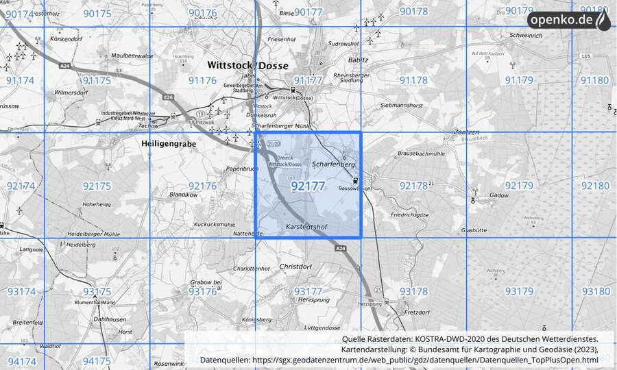 Übersichtskarte des KOSTRA-DWD-2020-Rasterfeldes Nr. 92177