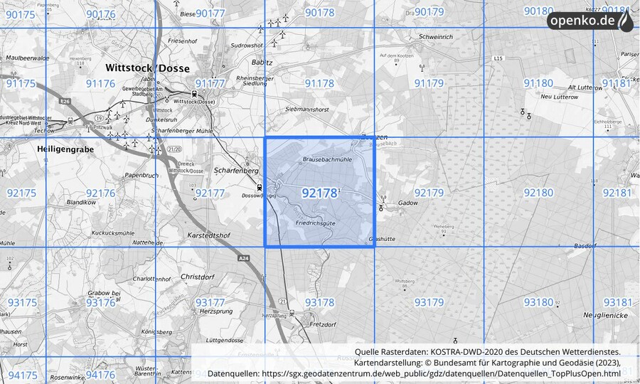 Übersichtskarte des KOSTRA-DWD-2020-Rasterfeldes Nr. 92178