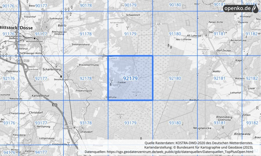 Übersichtskarte des KOSTRA-DWD-2020-Rasterfeldes Nr. 92179