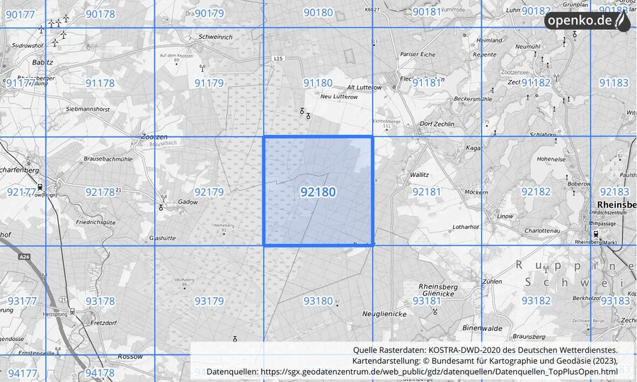 Übersichtskarte des KOSTRA-DWD-2020-Rasterfeldes Nr. 92180