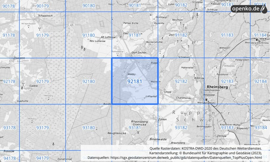 Übersichtskarte des KOSTRA-DWD-2020-Rasterfeldes Nr. 92181