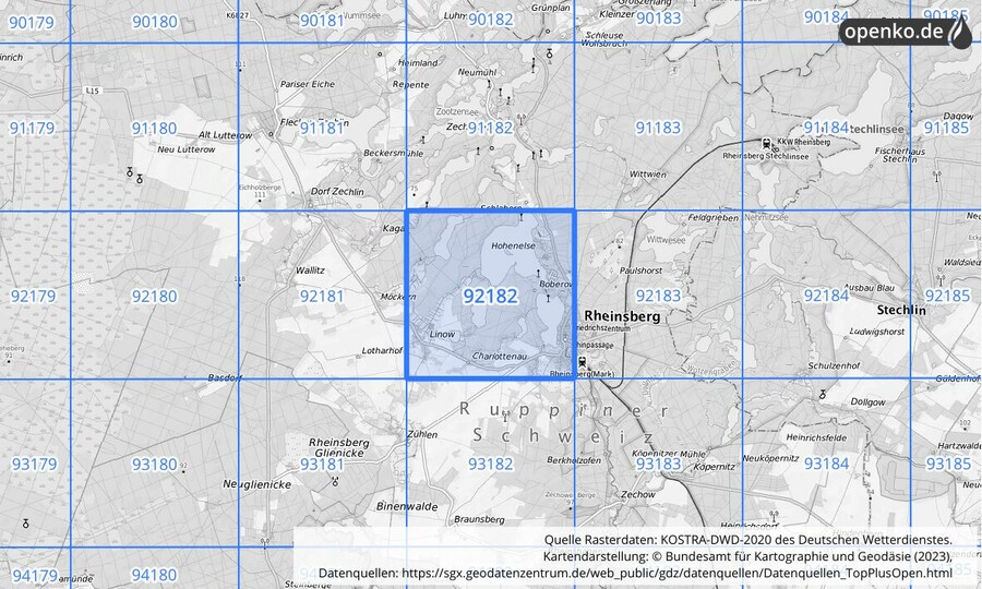 Übersichtskarte des KOSTRA-DWD-2020-Rasterfeldes Nr. 92182