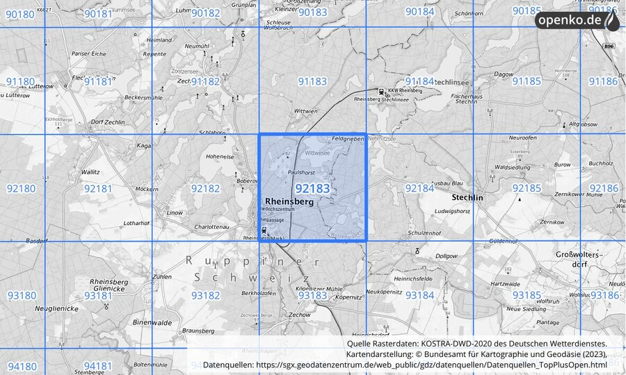 Übersichtskarte des KOSTRA-DWD-2020-Rasterfeldes Nr. 92183
