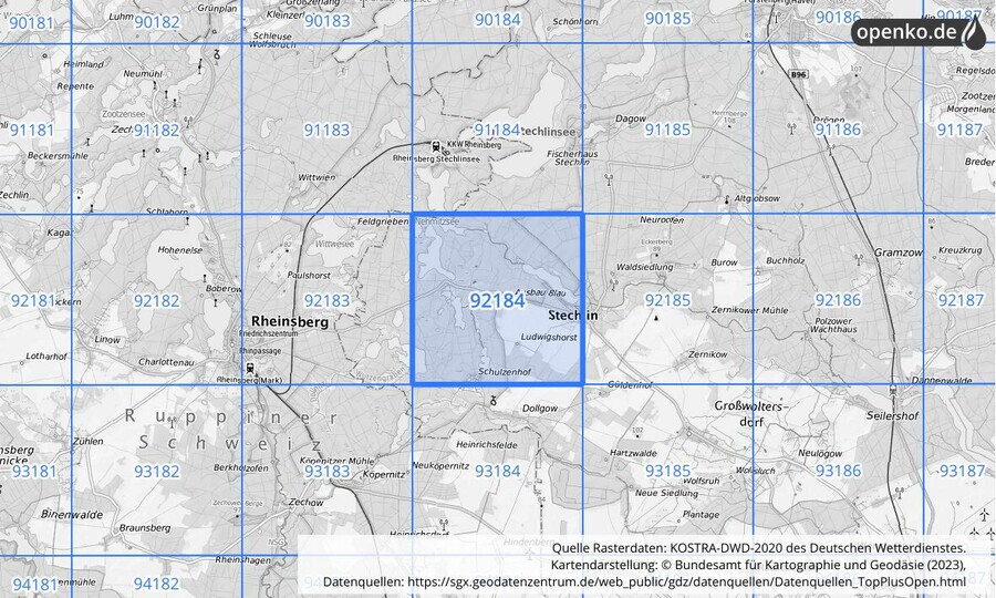 Übersichtskarte des KOSTRA-DWD-2020-Rasterfeldes Nr. 92184