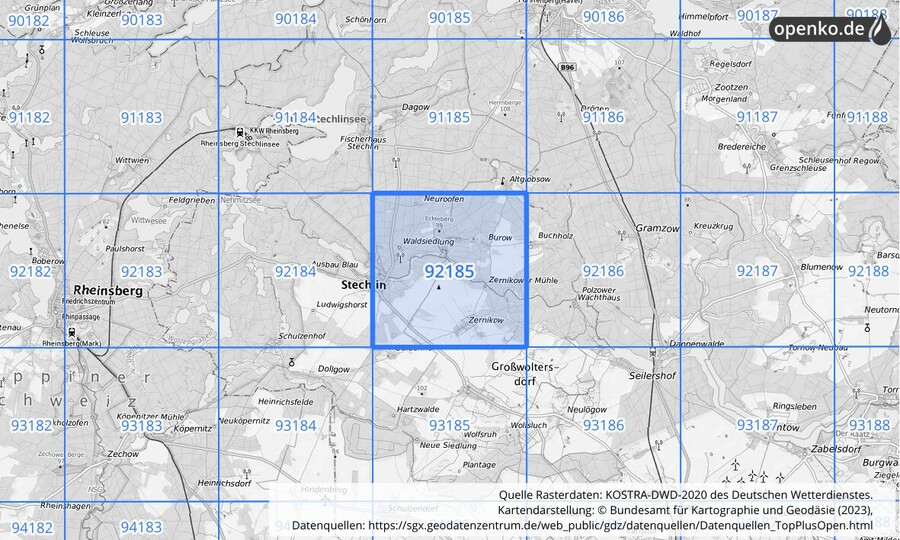 Übersichtskarte des KOSTRA-DWD-2020-Rasterfeldes Nr. 92185