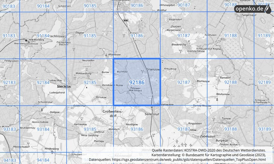 Übersichtskarte des KOSTRA-DWD-2020-Rasterfeldes Nr. 92186