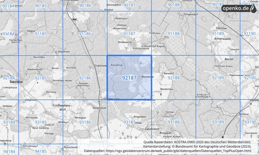 Übersichtskarte des KOSTRA-DWD-2020-Rasterfeldes Nr. 92187