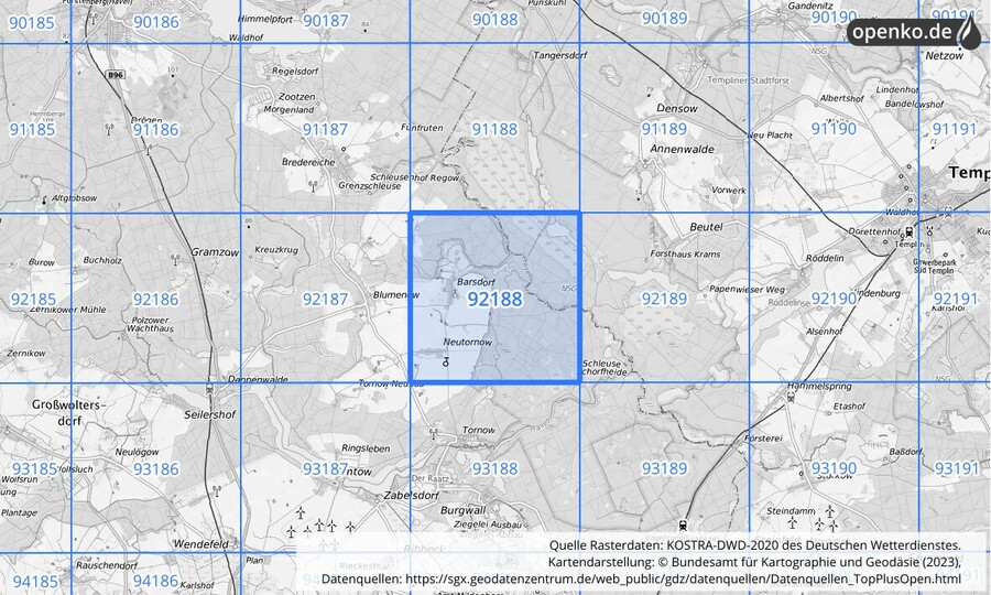 Übersichtskarte des KOSTRA-DWD-2020-Rasterfeldes Nr. 92188