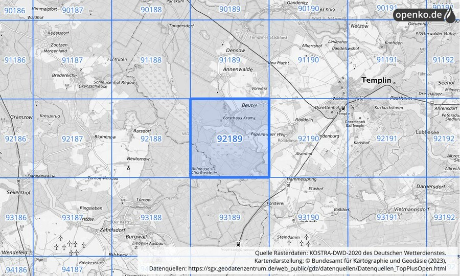 Übersichtskarte des KOSTRA-DWD-2020-Rasterfeldes Nr. 92189