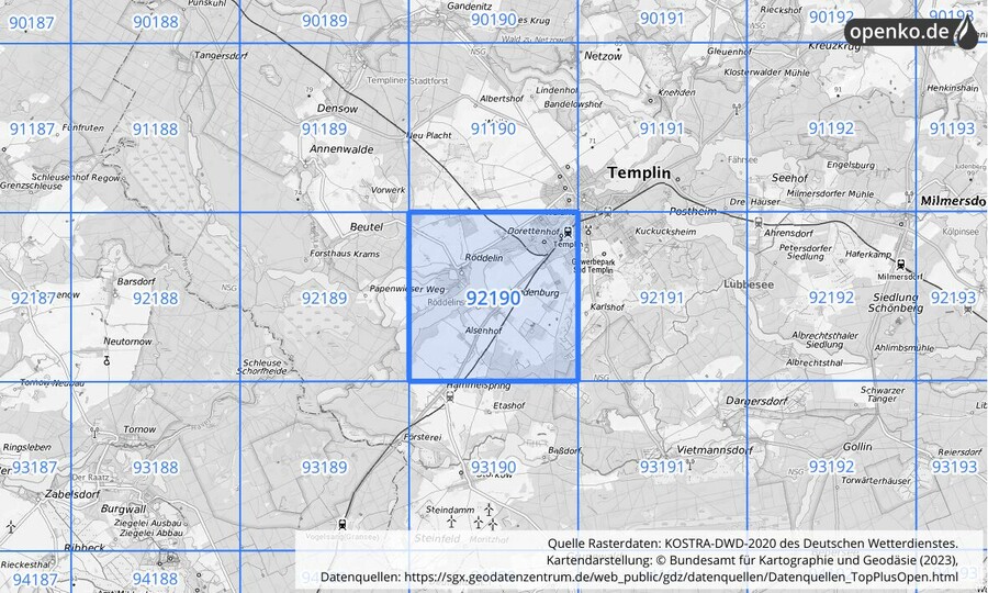 Übersichtskarte des KOSTRA-DWD-2020-Rasterfeldes Nr. 92190