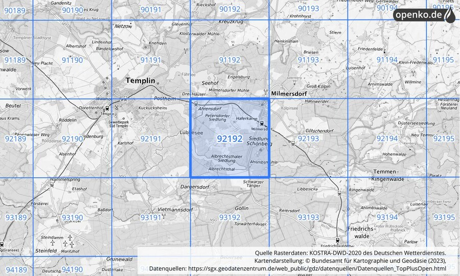 Übersichtskarte des KOSTRA-DWD-2020-Rasterfeldes Nr. 92192