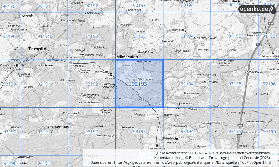 Übersichtskarte des KOSTRA-DWD-2020-Rasterfeldes Nr. 92193