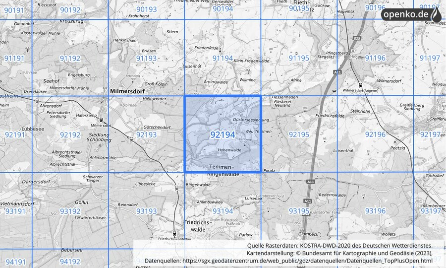 Übersichtskarte des KOSTRA-DWD-2020-Rasterfeldes Nr. 92194
