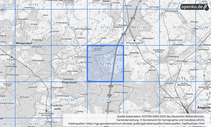 Übersichtskarte des KOSTRA-DWD-2020-Rasterfeldes Nr. 92195