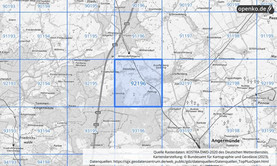 Übersichtskarte des KOSTRA-DWD-2020-Rasterfeldes Nr. 92196