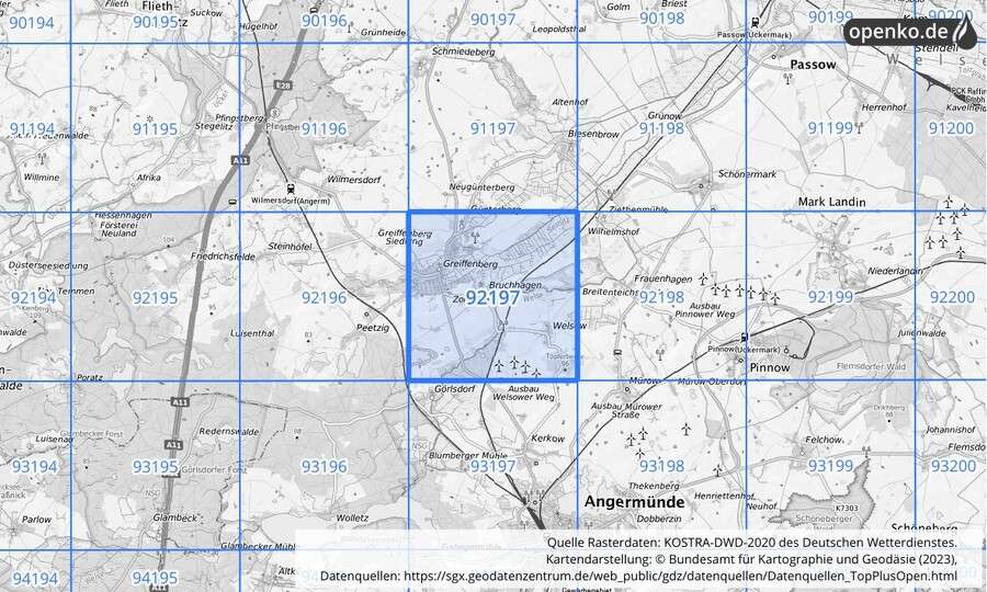 Übersichtskarte des KOSTRA-DWD-2020-Rasterfeldes Nr. 92197