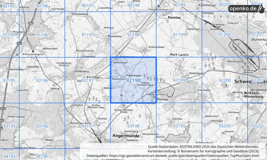 Übersichtskarte des KOSTRA-DWD-2020-Rasterfeldes Nr. 92198