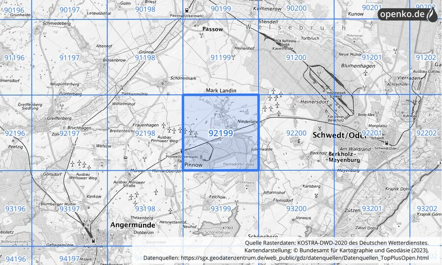 Übersichtskarte des KOSTRA-DWD-2020-Rasterfeldes Nr. 92199