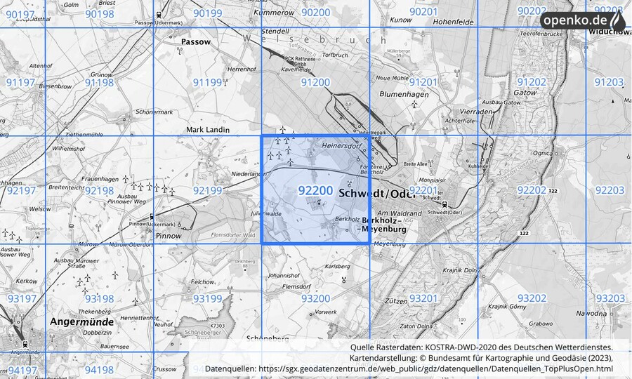 Übersichtskarte des KOSTRA-DWD-2020-Rasterfeldes Nr. 92200