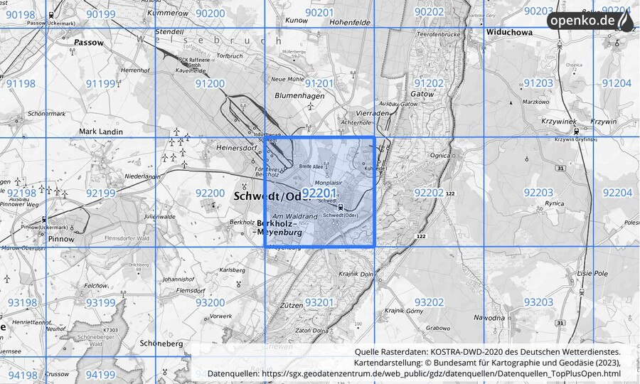 Übersichtskarte des KOSTRA-DWD-2020-Rasterfeldes Nr. 92201