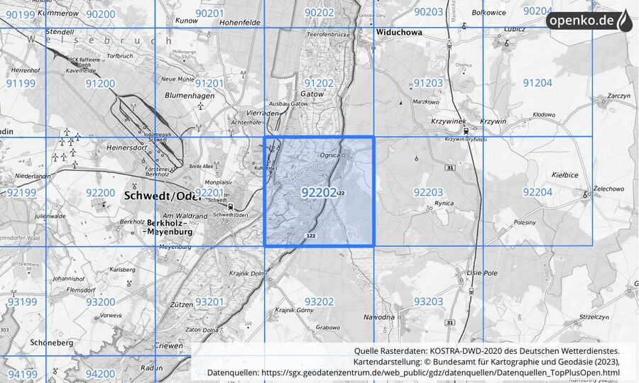 Übersichtskarte des KOSTRA-DWD-2020-Rasterfeldes Nr. 92202