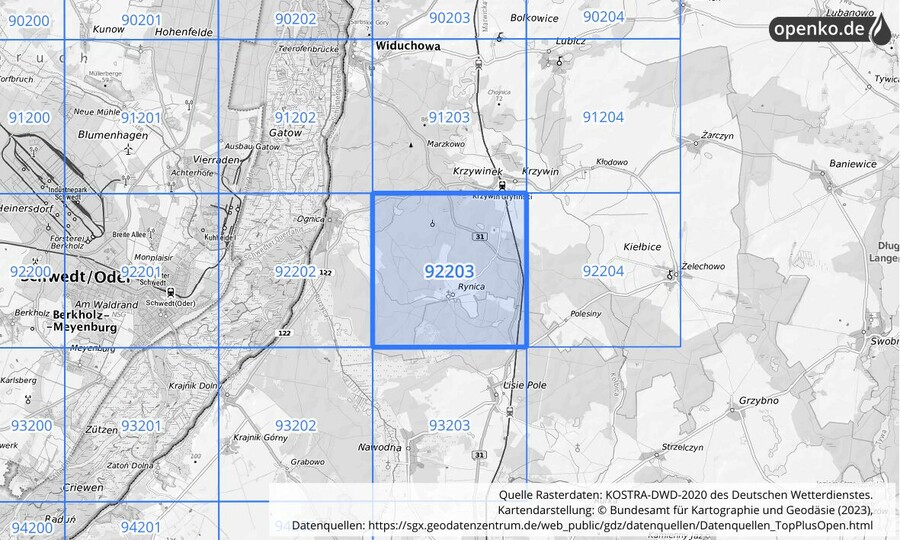 Übersichtskarte des KOSTRA-DWD-2020-Rasterfeldes Nr. 92203