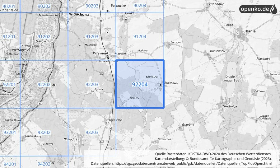 Übersichtskarte des KOSTRA-DWD-2020-Rasterfeldes Nr. 92204