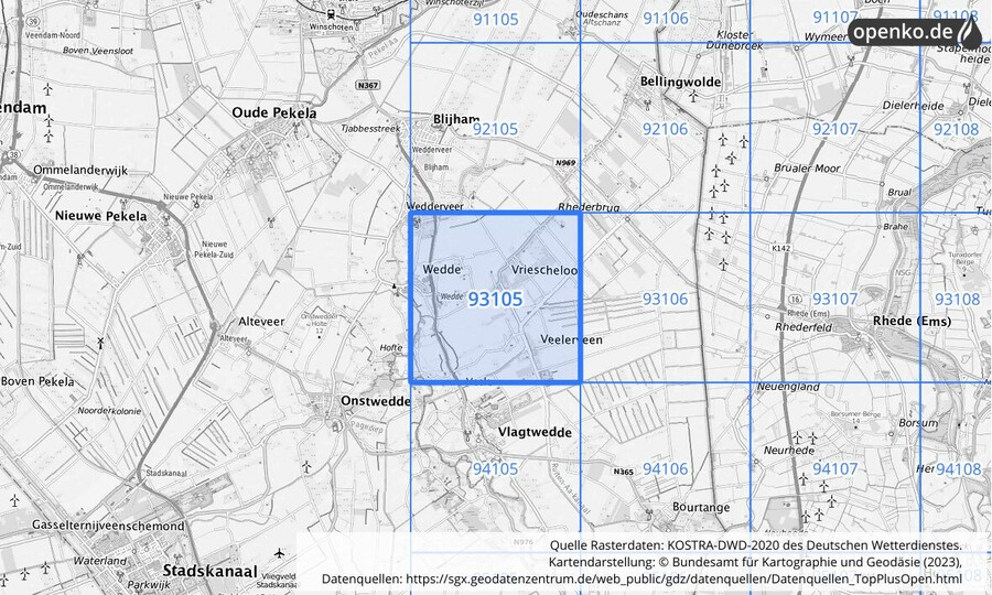 Übersichtskarte des KOSTRA-DWD-2020-Rasterfeldes Nr. 93105