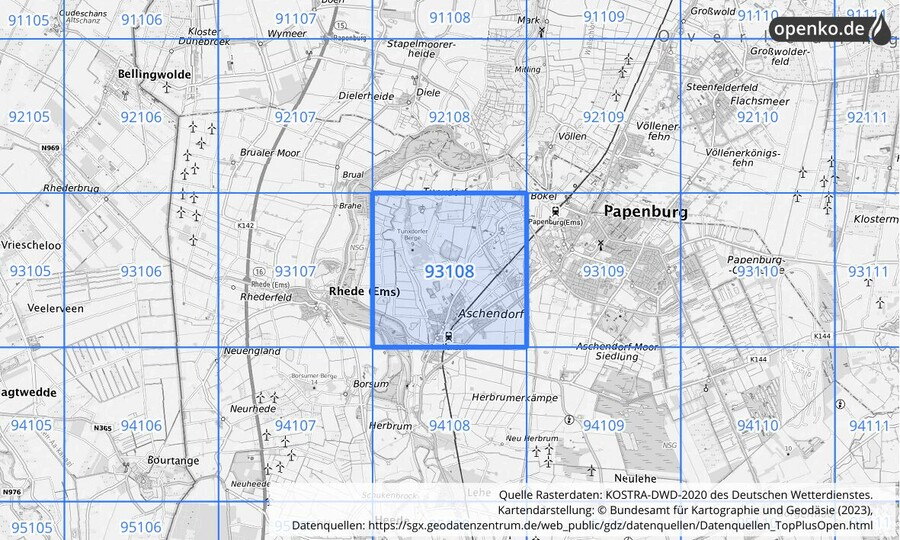 Übersichtskarte des KOSTRA-DWD-2020-Rasterfeldes Nr. 93108