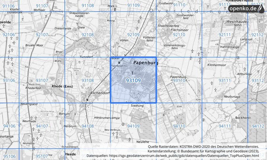 Übersichtskarte des KOSTRA-DWD-2020-Rasterfeldes Nr. 93109