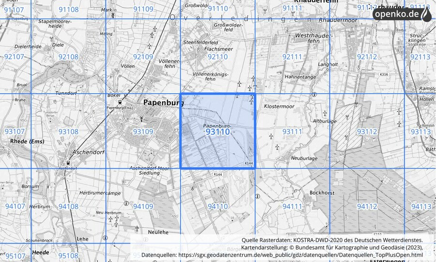 Übersichtskarte des KOSTRA-DWD-2020-Rasterfeldes Nr. 93110