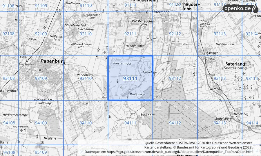 Übersichtskarte des KOSTRA-DWD-2020-Rasterfeldes Nr. 93111