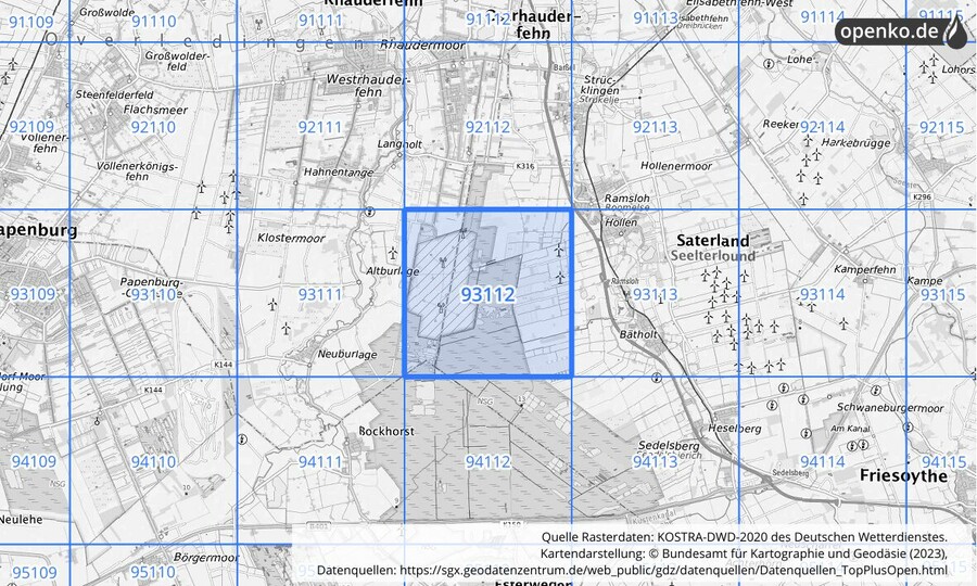Übersichtskarte des KOSTRA-DWD-2020-Rasterfeldes Nr. 93112