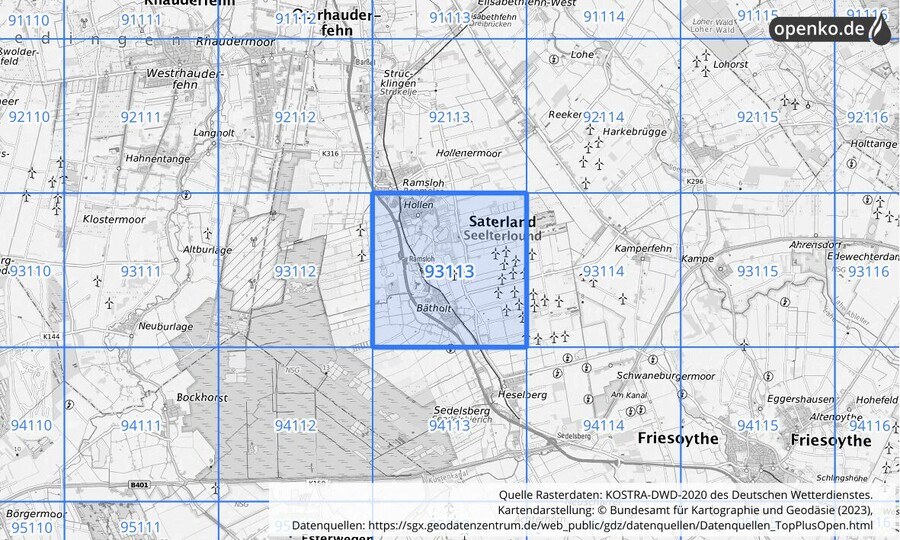 Übersichtskarte des KOSTRA-DWD-2020-Rasterfeldes Nr. 93113