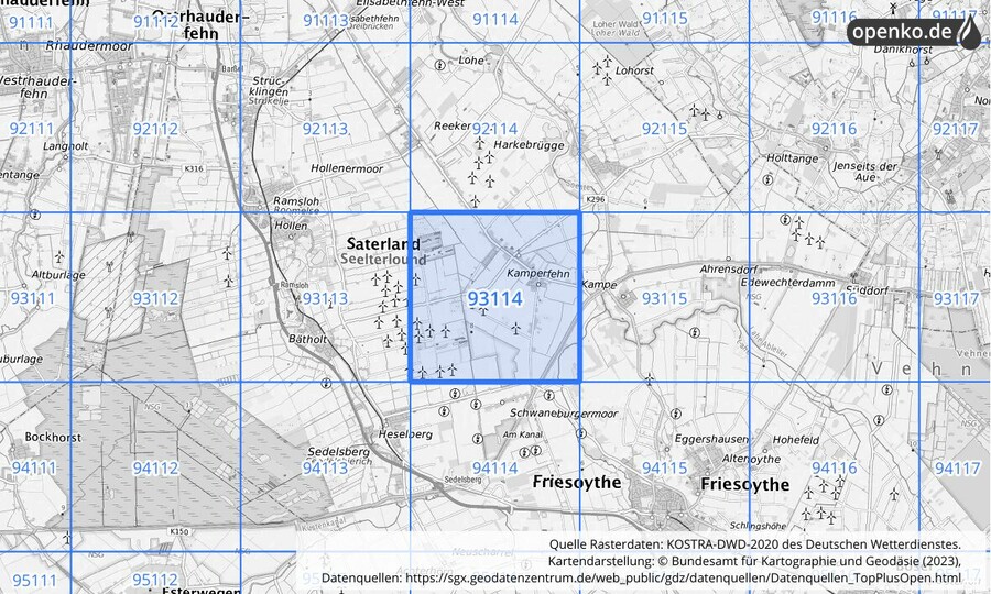 Übersichtskarte des KOSTRA-DWD-2020-Rasterfeldes Nr. 93114