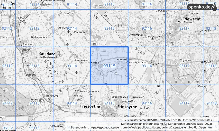 Übersichtskarte des KOSTRA-DWD-2020-Rasterfeldes Nr. 93115