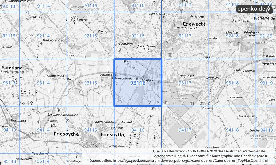 Übersichtskarte des KOSTRA-DWD-2020-Rasterfeldes Nr. 93116